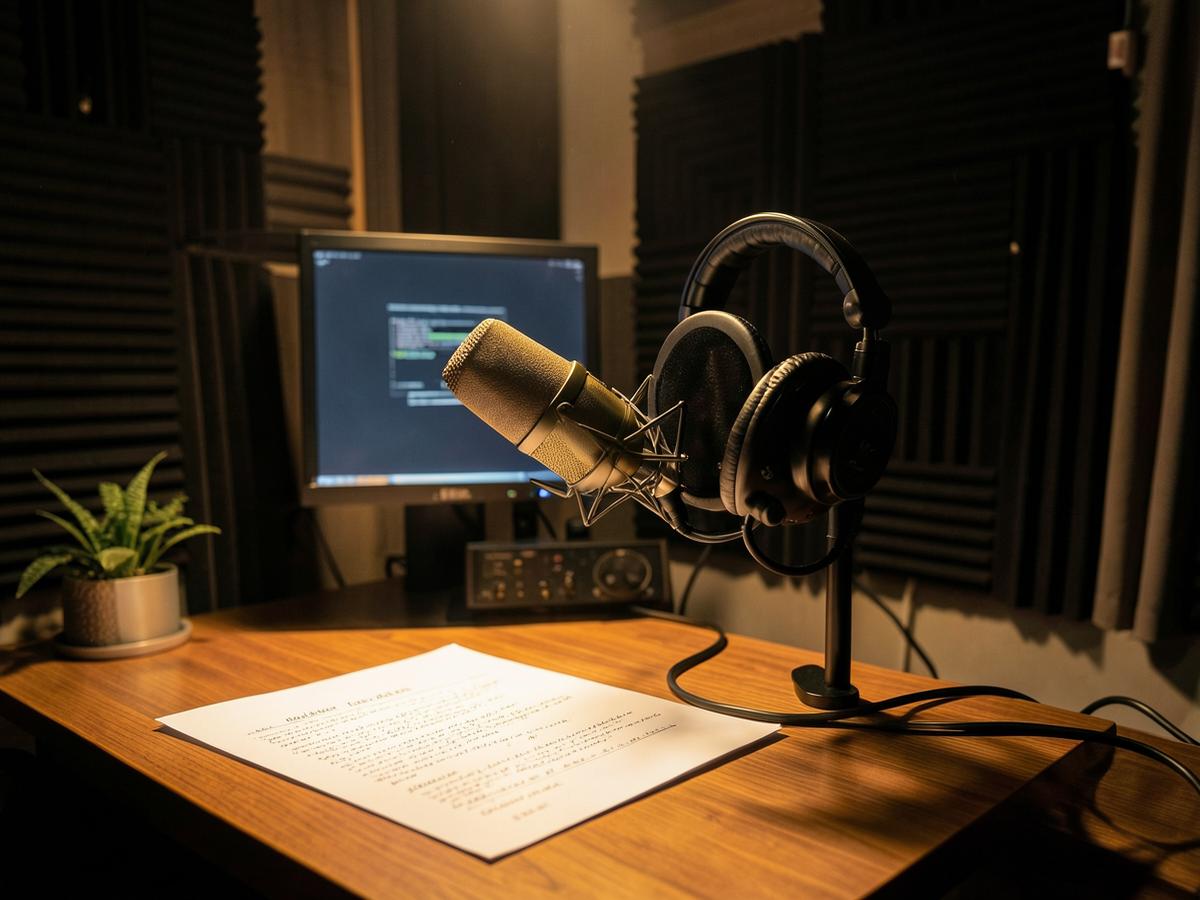 Recording booth with microphone and script