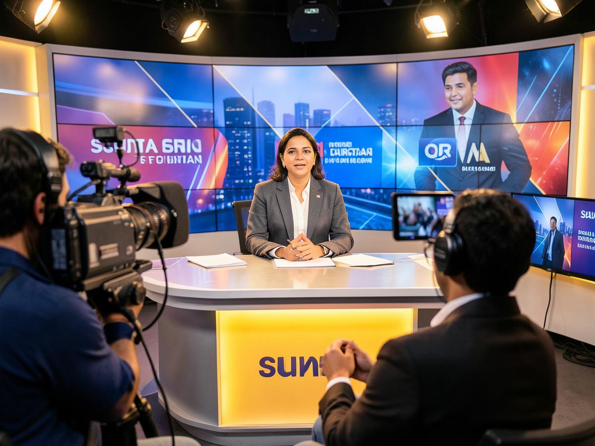 Student presenting from the studio news desk